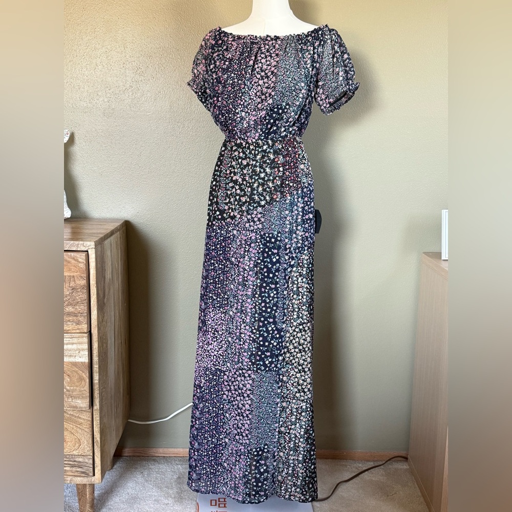 Lulus Blue Floral Off Shoulder Maxi Dress New Large Neva Navy Blue Floral Print - Picture 3 of 15